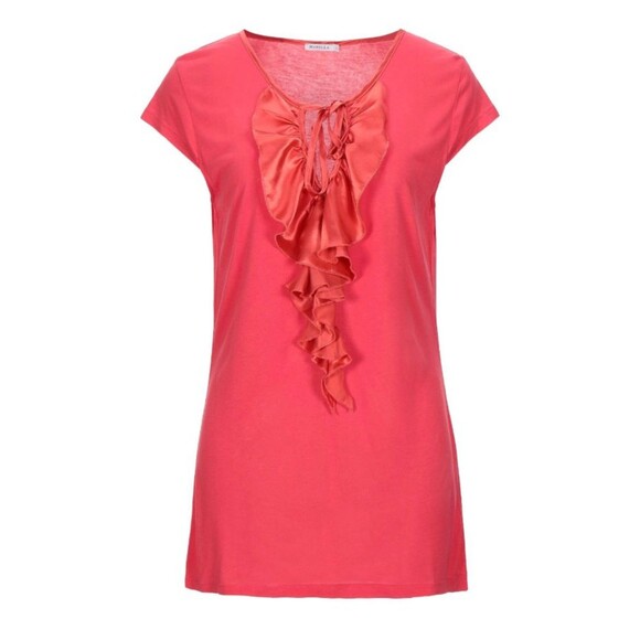 Marella Women's Rust Elegant Satin Ruffle Tie V-Neck Cap Sleeve T-shirt Top Sz M - Picture 1 of 14